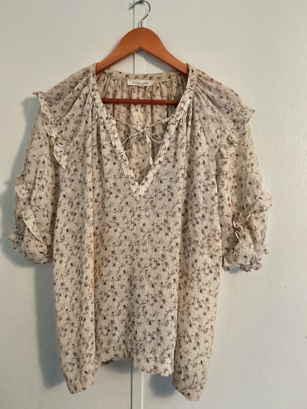 Grade & Gather Light Floral Tie-Front Ruffle Blouse in Cream